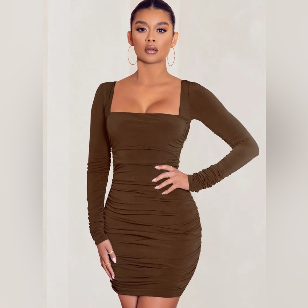 Chic Long Sleeve Brown Dress
